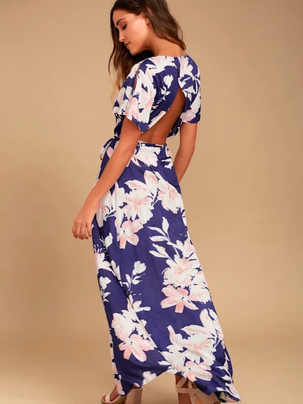 Lulu's Navy Floral Backless Maxi Dress with Pink Blooms